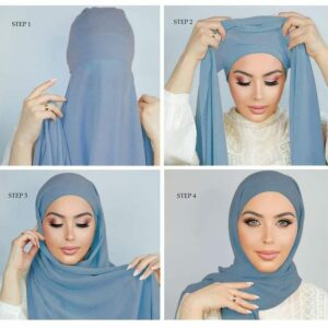 foulard chiffon bleu avec bonnet coton integre