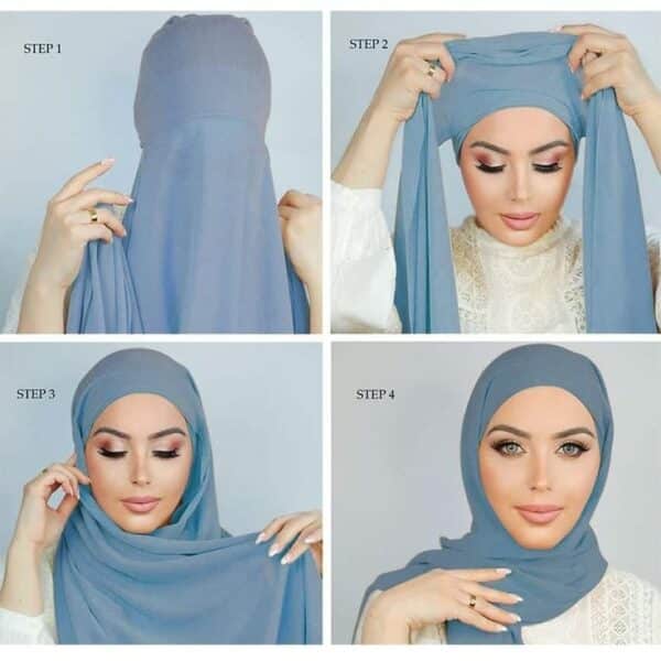 foulard chiffon bleu avec bonnet coton integre